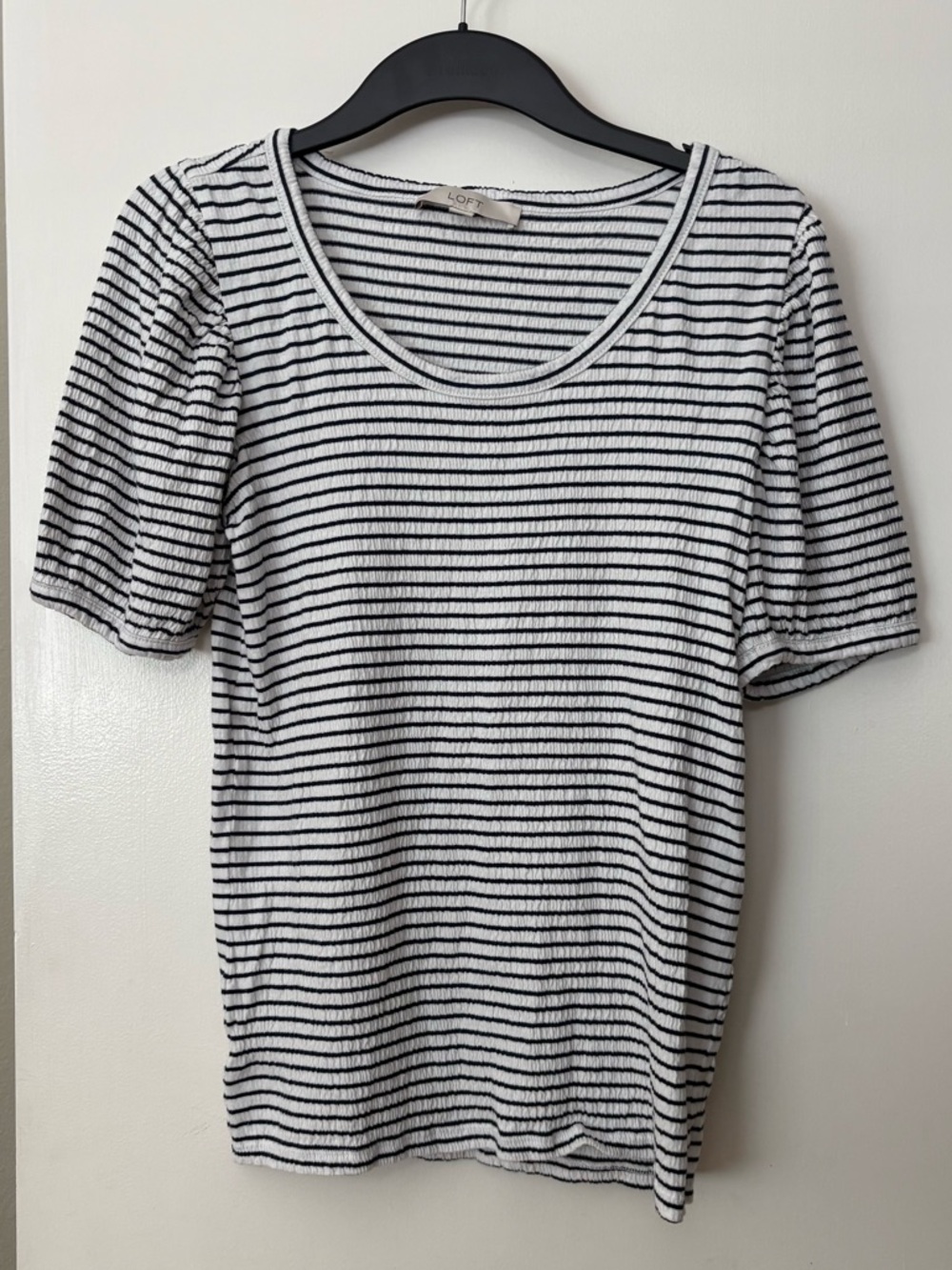 LOFT Black and White Striped Scoop Neck puff Sleeve Tee